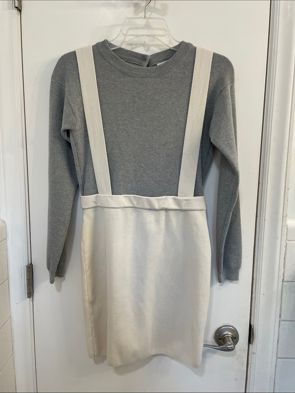 English Factory Grey Knit Top with Cream Pinafore Dress